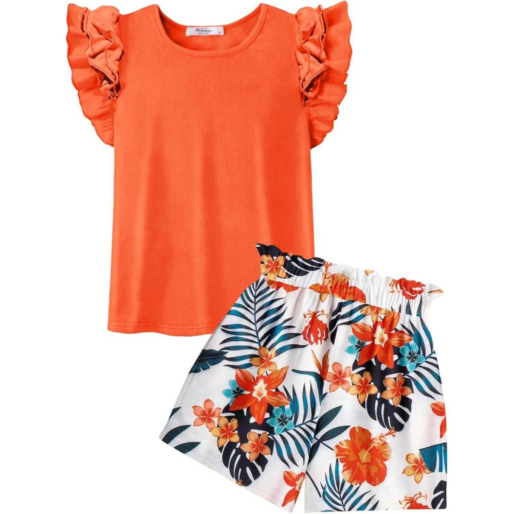 image:imageArshiner Girls 2 Piece Outfits Summer Clothes Ruffle Short Sleeve Shirts Top and High Waist Paper Bag Shorts Set with PocketsOrangeprint
