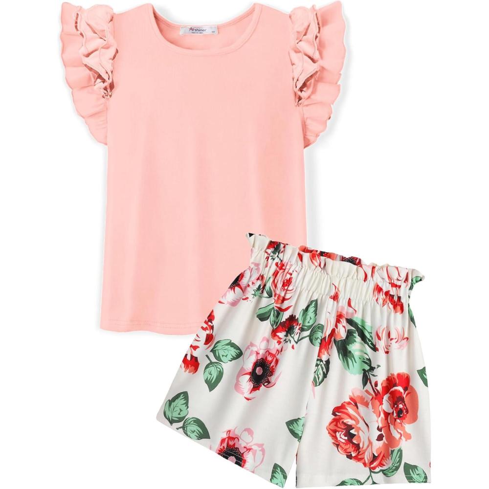 image:imageArshiner Girls 2 Piece Outfits Summer Clothes Ruffle Short Sleeve Shirts Top and High Waist Paper Bag Shorts Set with PocketsPinkflower