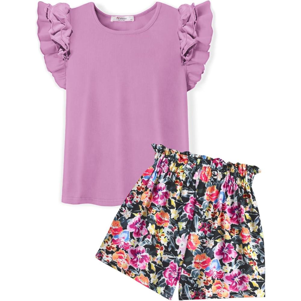 image:imageArshiner Girls 2 Piece Outfits Summer Clothes Ruffle Short Sleeve Shirts Top and High Waist Paper Bag Shorts Set with PocketsPurpleflower