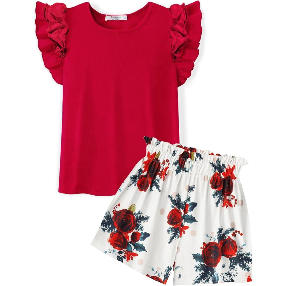 image:imageArshiner Girls 2 Piece Outfits Summer Clothes Ruffle Short Sleeve Shirts Top and High Waist Paper Bag Shorts Set with PocketsRedflower