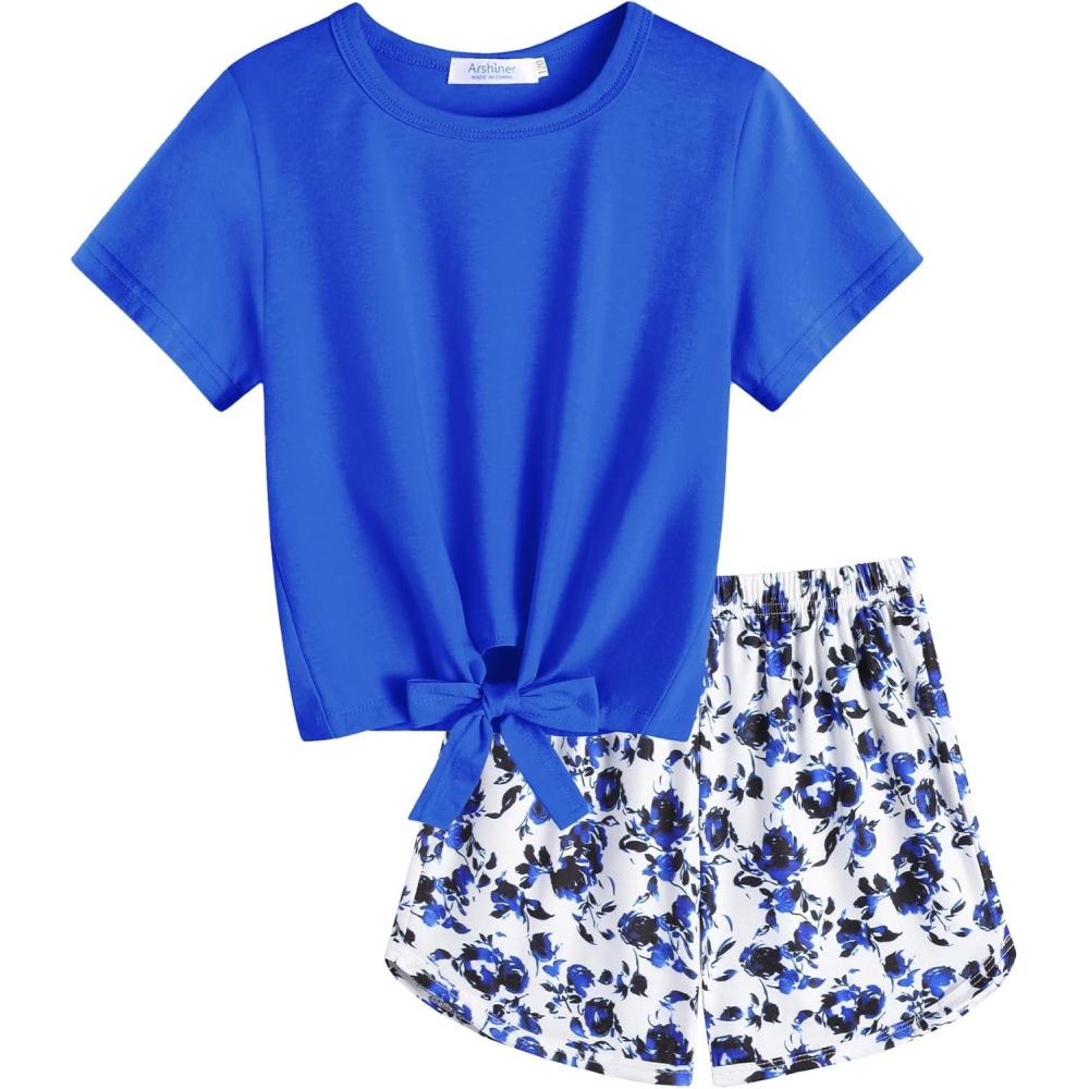 image:imageArshiner Girls 2 Piece Outfits Summer Clothes Short Sleeve Tops and Paperbag Waist Shorts Set Cute Outfits 514Blue Flower