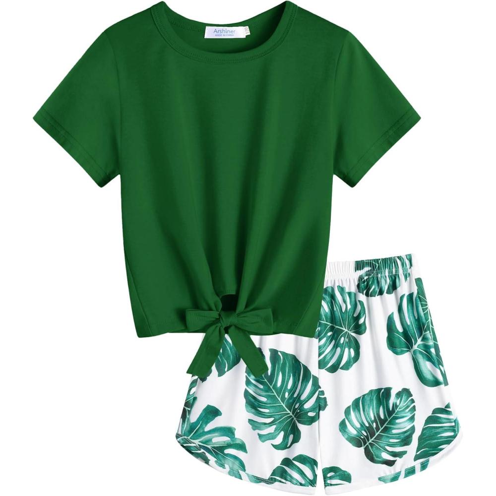 image:imageArshiner Girls 2 Piece Outfits Summer Clothes Short Sleeve Tops and Paperbag Waist Shorts Set Cute Outfits 514Green Leaf Print