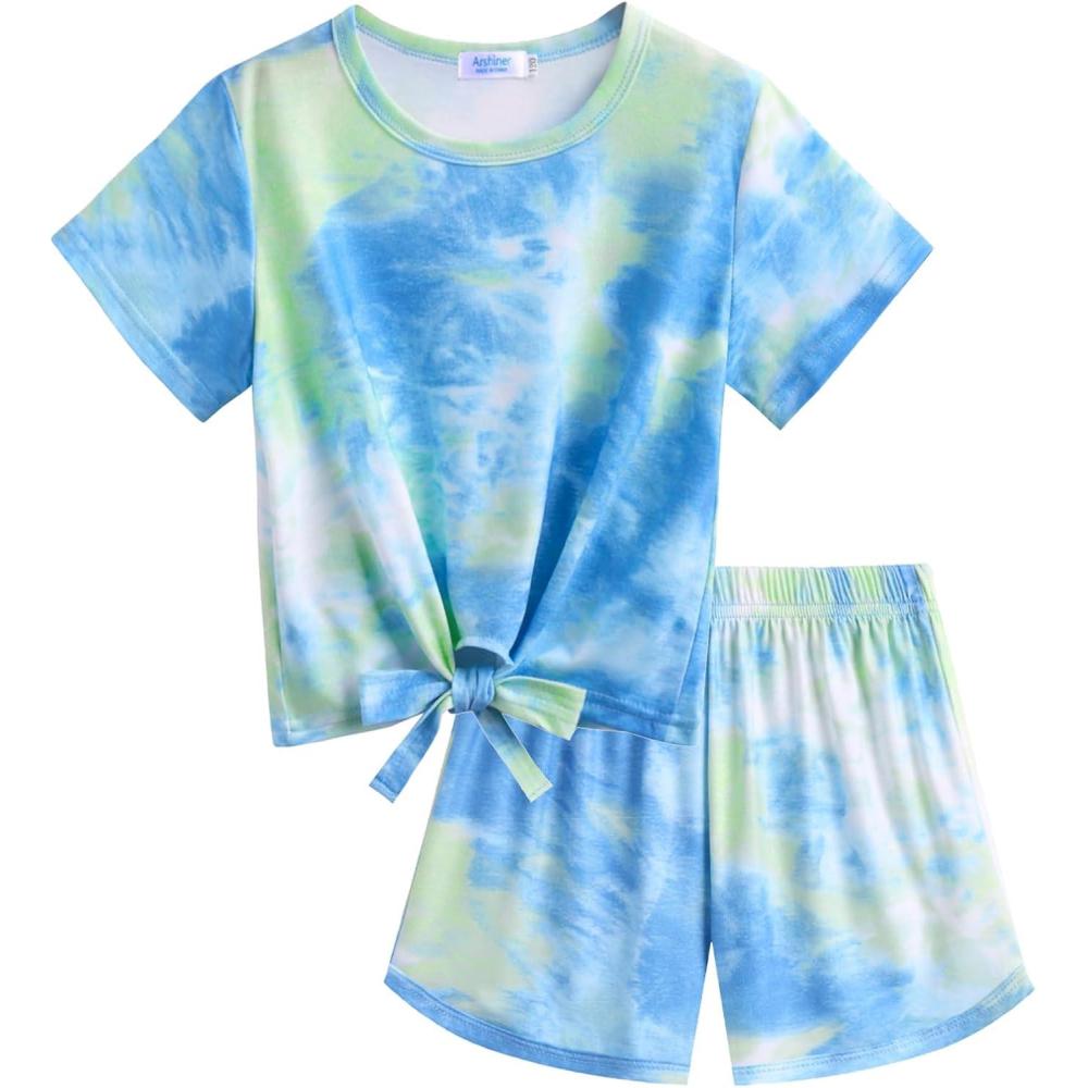 image:imageArshiner Girls 2 Piece Outfits Summer Clothes Short Sleeve Tops and Paperbag Waist Shorts Set Cute Outfits 514Greenbluewhite