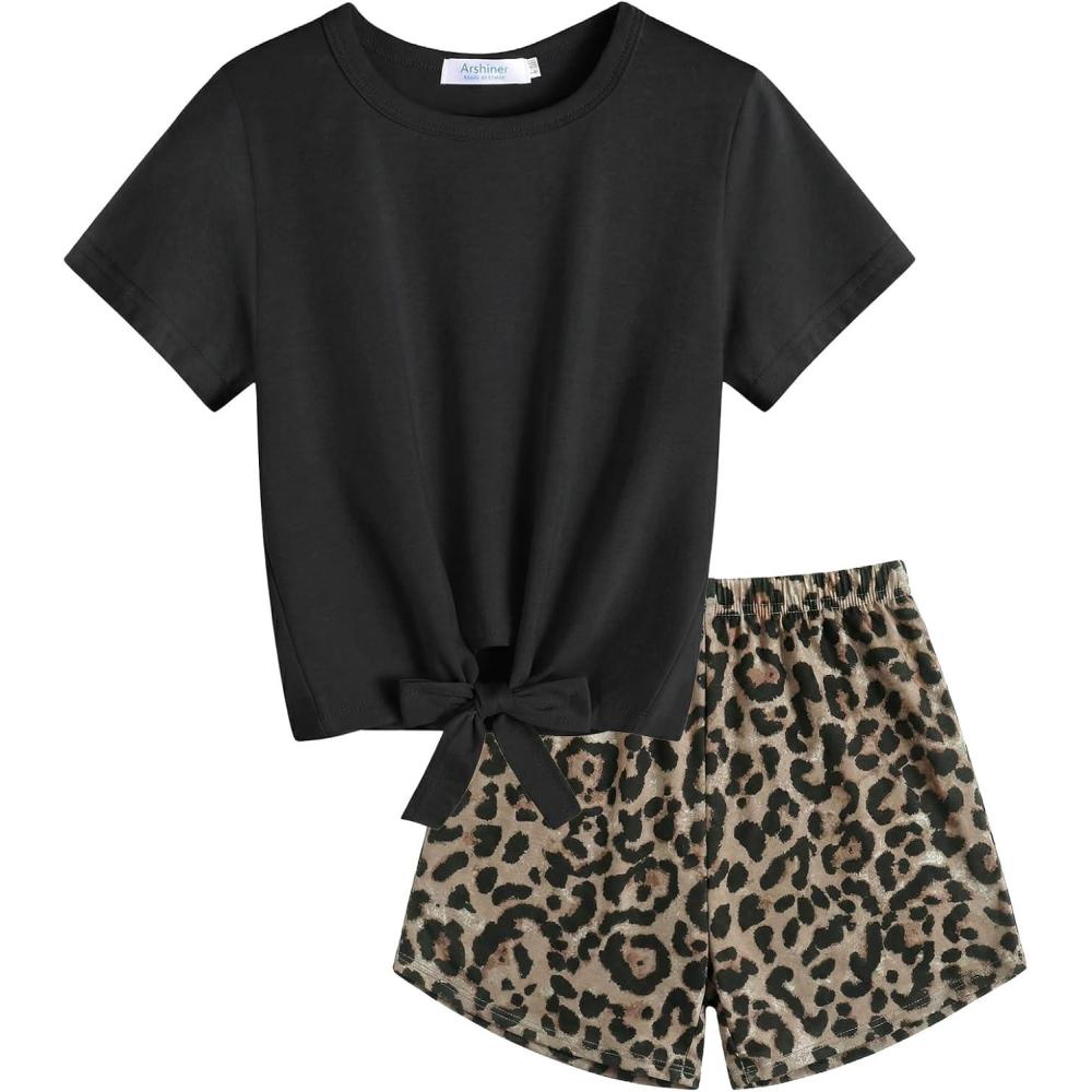 image:imageArshiner Girls 2 Piece Outfits Summer Clothes Short Sleeve Tops and Paperbag Waist Shorts Set Cute Outfits 514Leopard Print