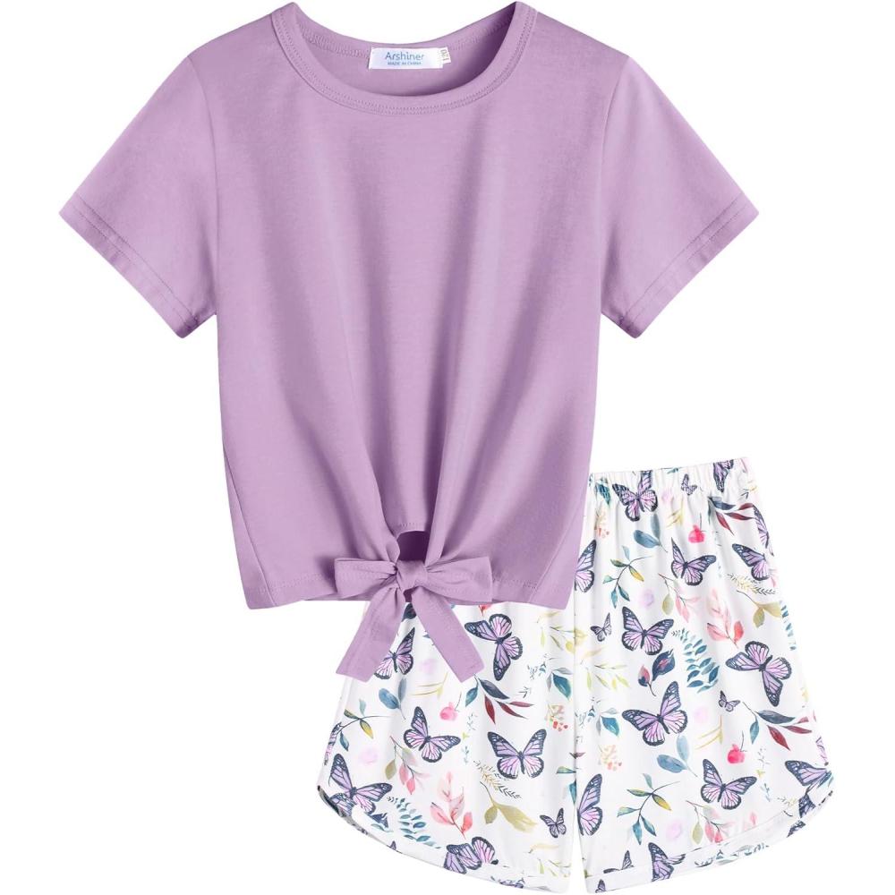 image:imageArshiner Girls 2 Piece Outfits Summer Clothes Short Sleeve Tops and Paperbag Waist Shorts Set Cute Outfits 514Purple Butterfly Print