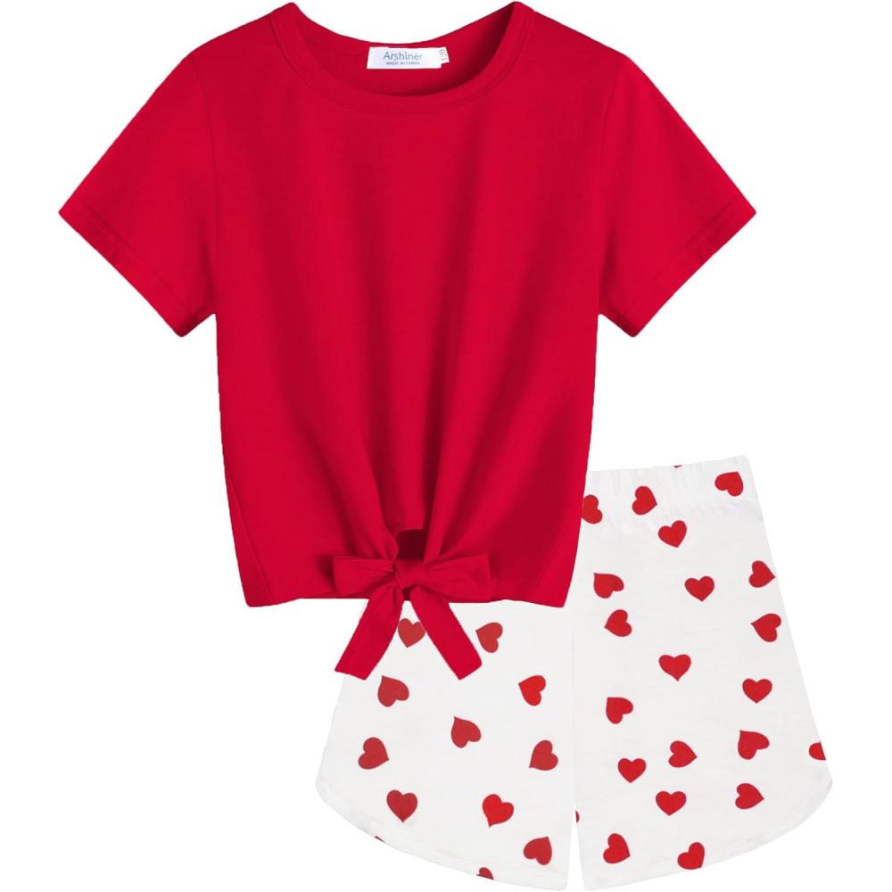 image:imageArshiner Girls 2 Piece Outfits Summer Clothes Short Sleeve Tops and Paperbag Waist Shorts Set Cute Outfits 514Red Heart Print