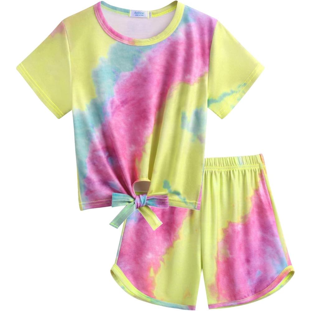 image:imageArshiner Girls 2 Piece Outfits Summer Clothes Short Sleeve Tops and Paperbag Waist Shorts Set Cute Outfits 514Roseyellowblue
