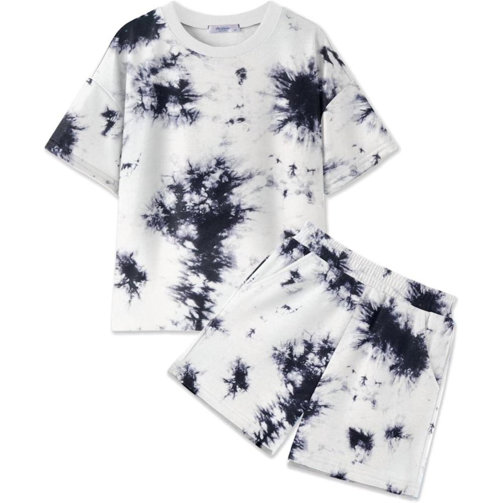 image:imageArshiner Girls 2 Piece Outfits Summer Clothes Short Sleeve Tops and Short with Pockets Kids Fashion Clothing SetsTie Dyeblack