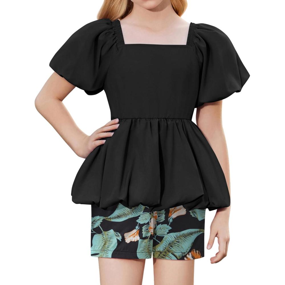 image:imageArshiner Girls 2 Piece Outfits Summer Clothes Square Neck Puffed Sleeve Bubble Hem Tops Shirt and Casual Short SetBlackhawaii Flower