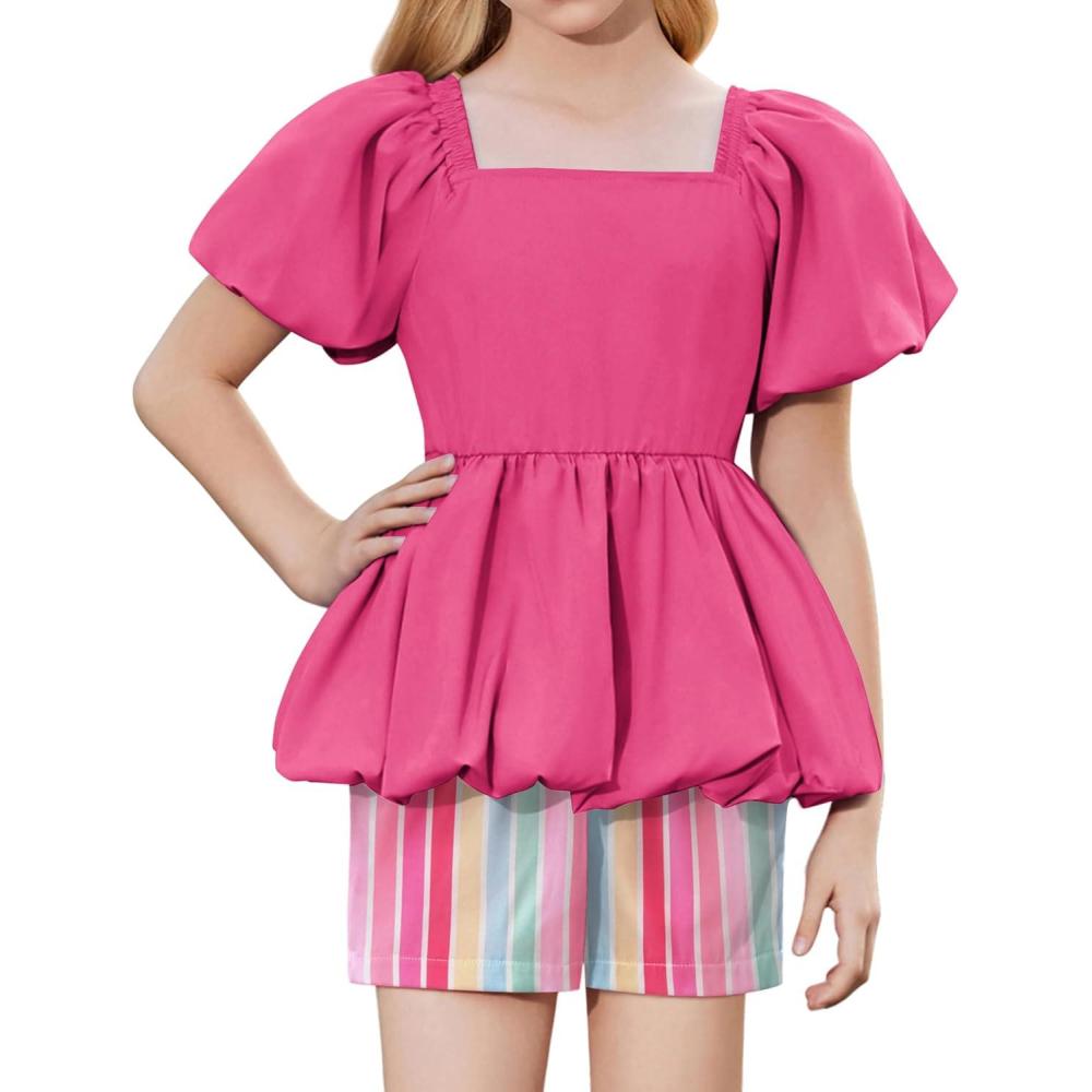 image:imageArshiner Girls 2 Piece Outfits Summer Clothes Square Neck Puffed Sleeve Bubble Hem Tops Shirt and Casual Short SetHot Pinkstrips
