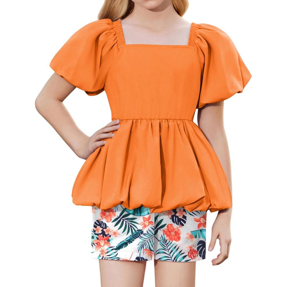 image:imageArshiner Girls 2 Piece Outfits Summer Clothes Square Neck Puffed Sleeve Bubble Hem Tops Shirt and Casual Short SetOrangeprint