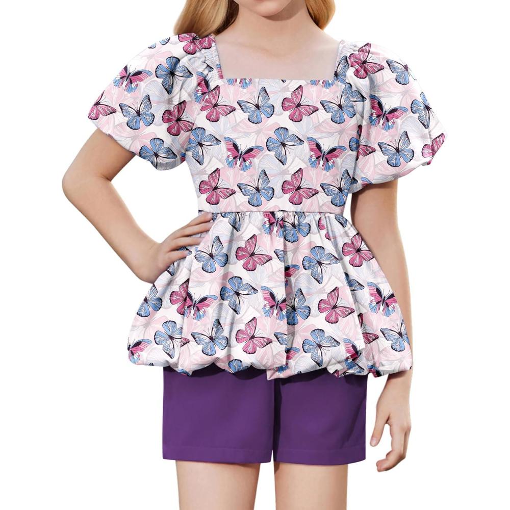 image:imageArshiner Girls 2 Piece Outfits Summer Clothes Square Neck Puffed Sleeve Bubble Hem Tops Shirt and Casual Short SetPurplebutterfly