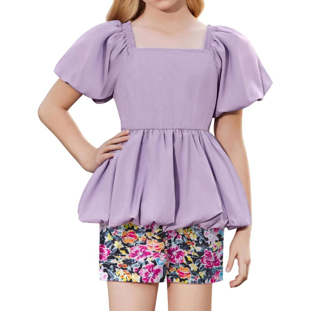 image:imageArshiner Girls 2 Piece Outfits Summer Clothes Square Neck Puffed Sleeve Bubble Hem Tops Shirt and Casual Short SetPurpleflower