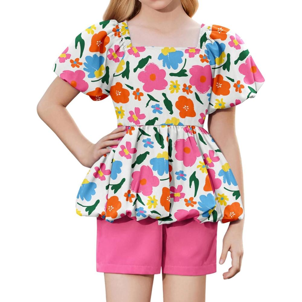 image:imageArshiner Girls 2 Piece Outfits Summer Clothes Square Neck Puffed Sleeve Bubble Hem Tops Shirt and Casual Short SetRose Redflower