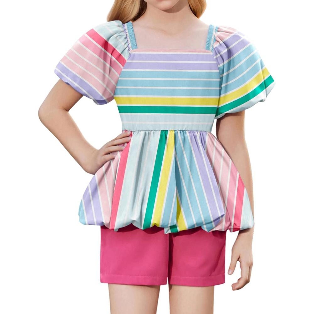image:imageArshiner Girls 2 Piece Outfits Summer Clothes Square Neck Puffed Sleeve Bubble Hem Tops Shirt and Casual Short SetRose Redstripes