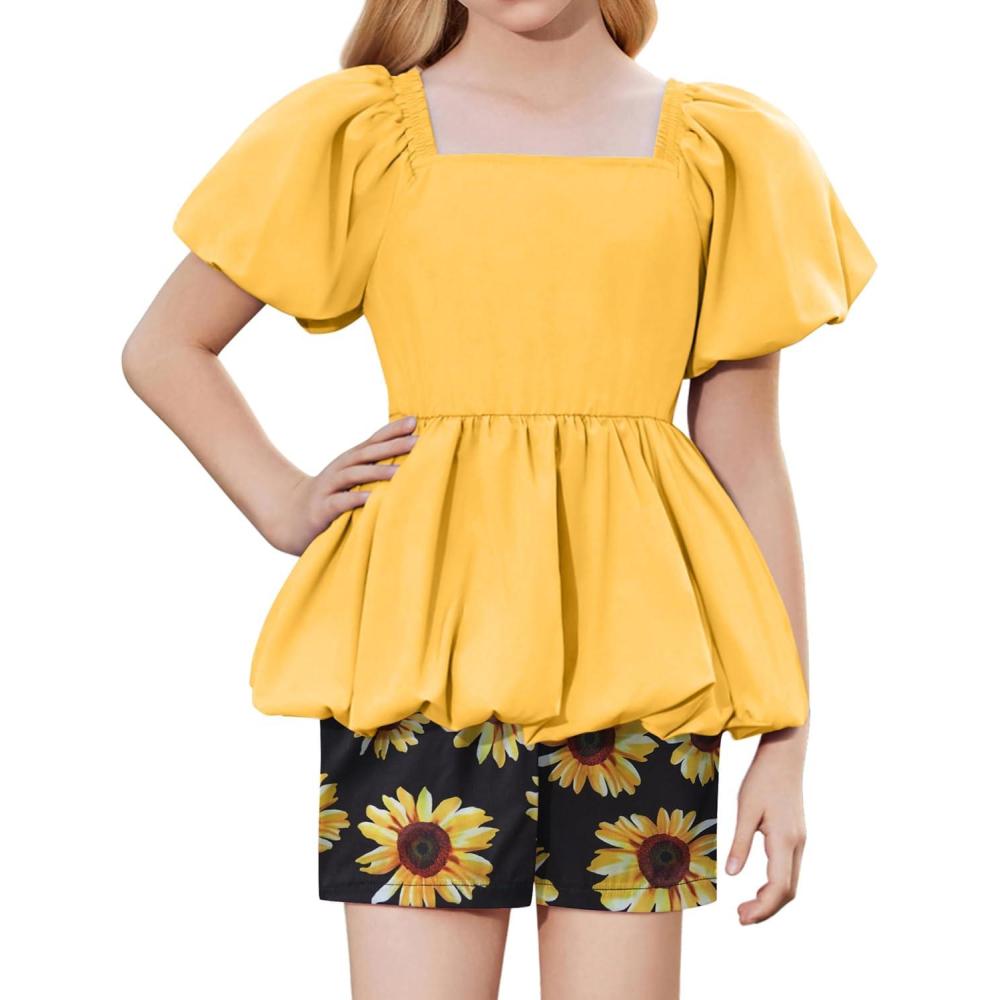 image:imageArshiner Girls 2 Piece Outfits Summer Clothes Square Neck Puffed Sleeve Bubble Hem Tops Shirt and Casual Short SetYellowsunflower
