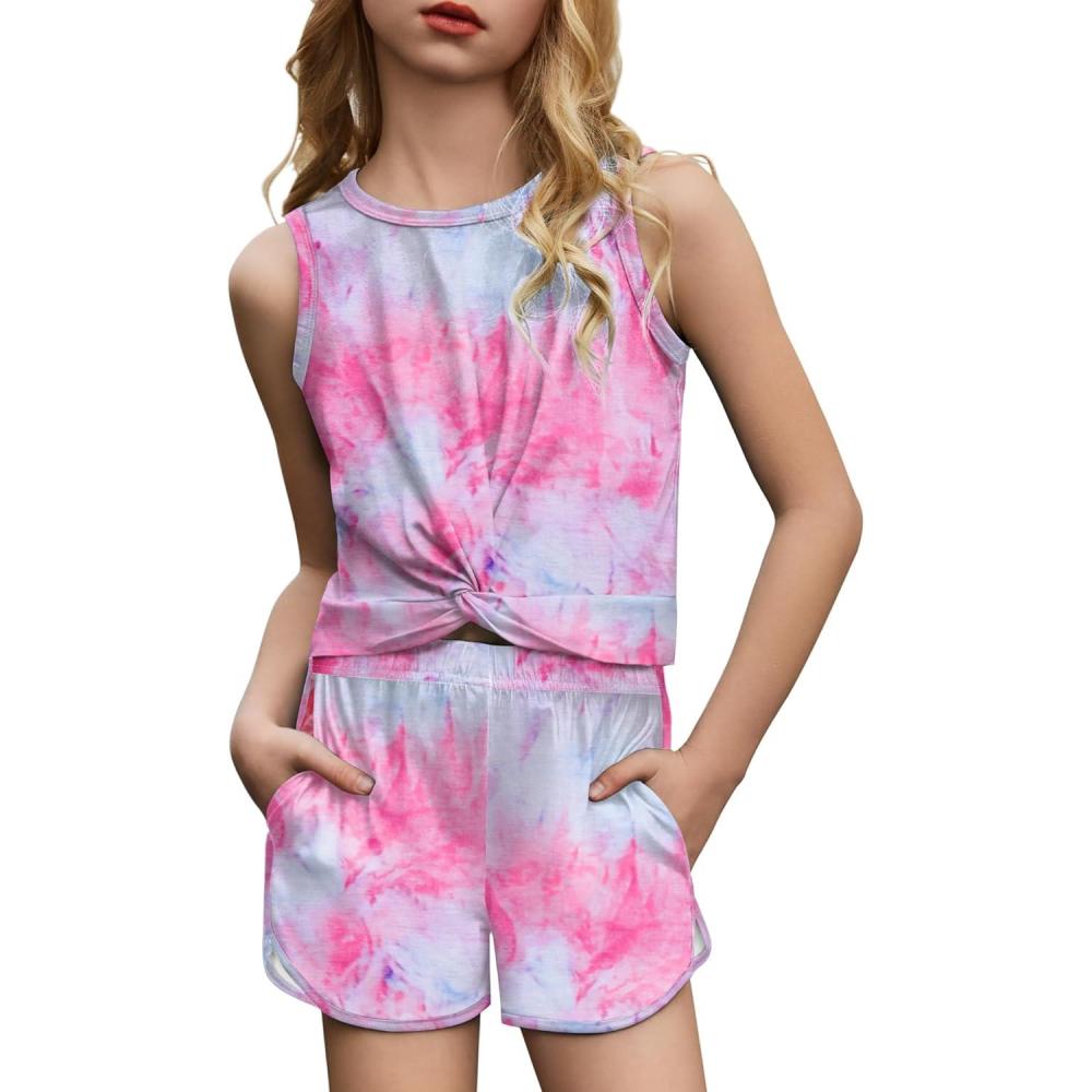image:imageArshiner Girls 2 Piece Outfits Summer Clothes Twist Front Tank Top and Active Short with Pockets Kids Clothing SetsTie Dye