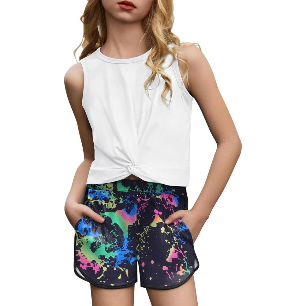image:imageArshiner Girls 2 Piece Outfits Summer Clothes Twist Front Tank Top and Active Short with Pockets Kids Clothing SetsTie Dyeblack