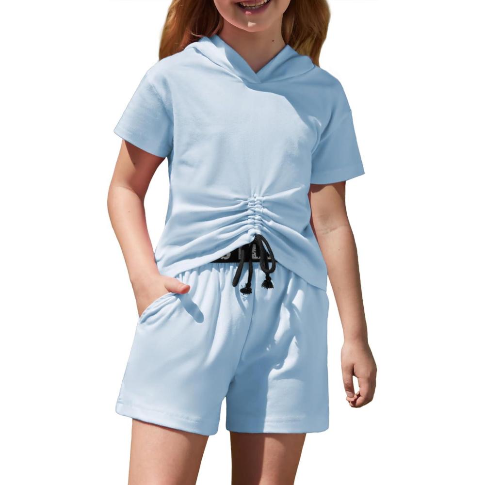 image:imageArshiner Girls 2 Piece Outfits Summer Clothing Sets Short Sleeve Drawstring Hoodie TShirt and Letter Print Waist ShortBlue
