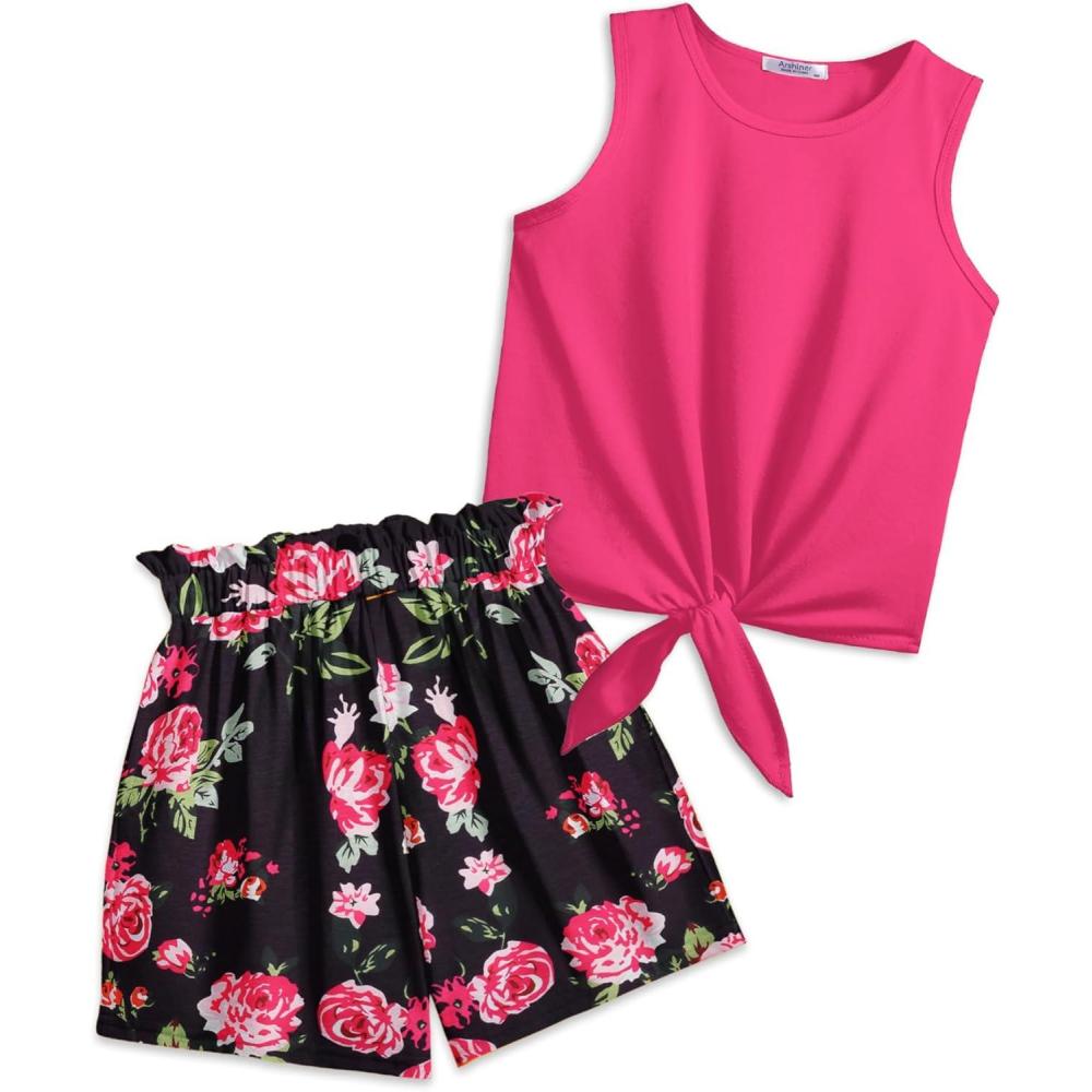 image:imageArshiner Girls 2 Piece Outfits Summer Tie Knot Tank Top and Paperbag Waist Pocketed Short SetsHot Pink Flower