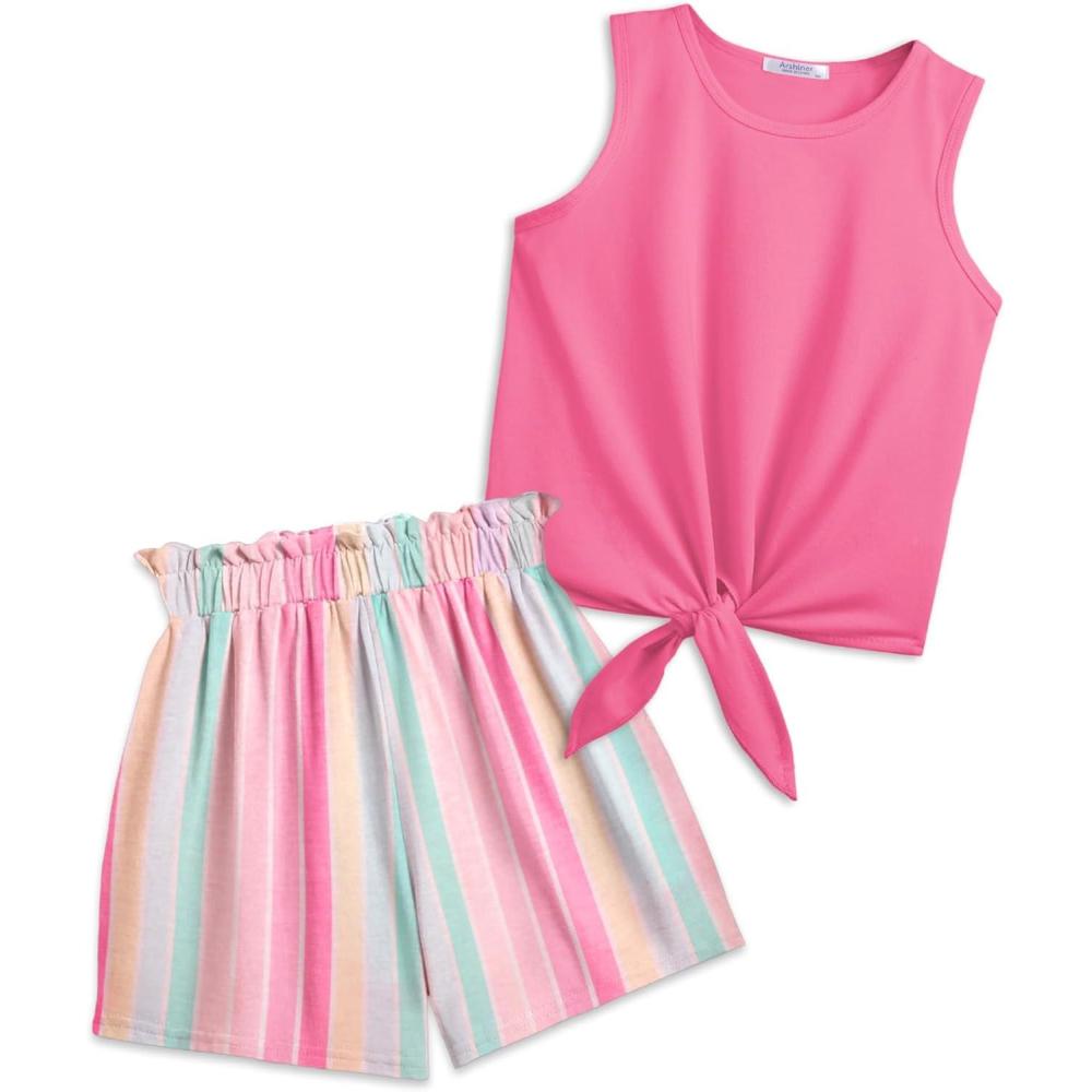 image:imageArshiner Girls 2 Piece Outfits Summer Tie Knot Tank Top and Paperbag Waist Pocketed Short SetsRainbow Colored Stripe