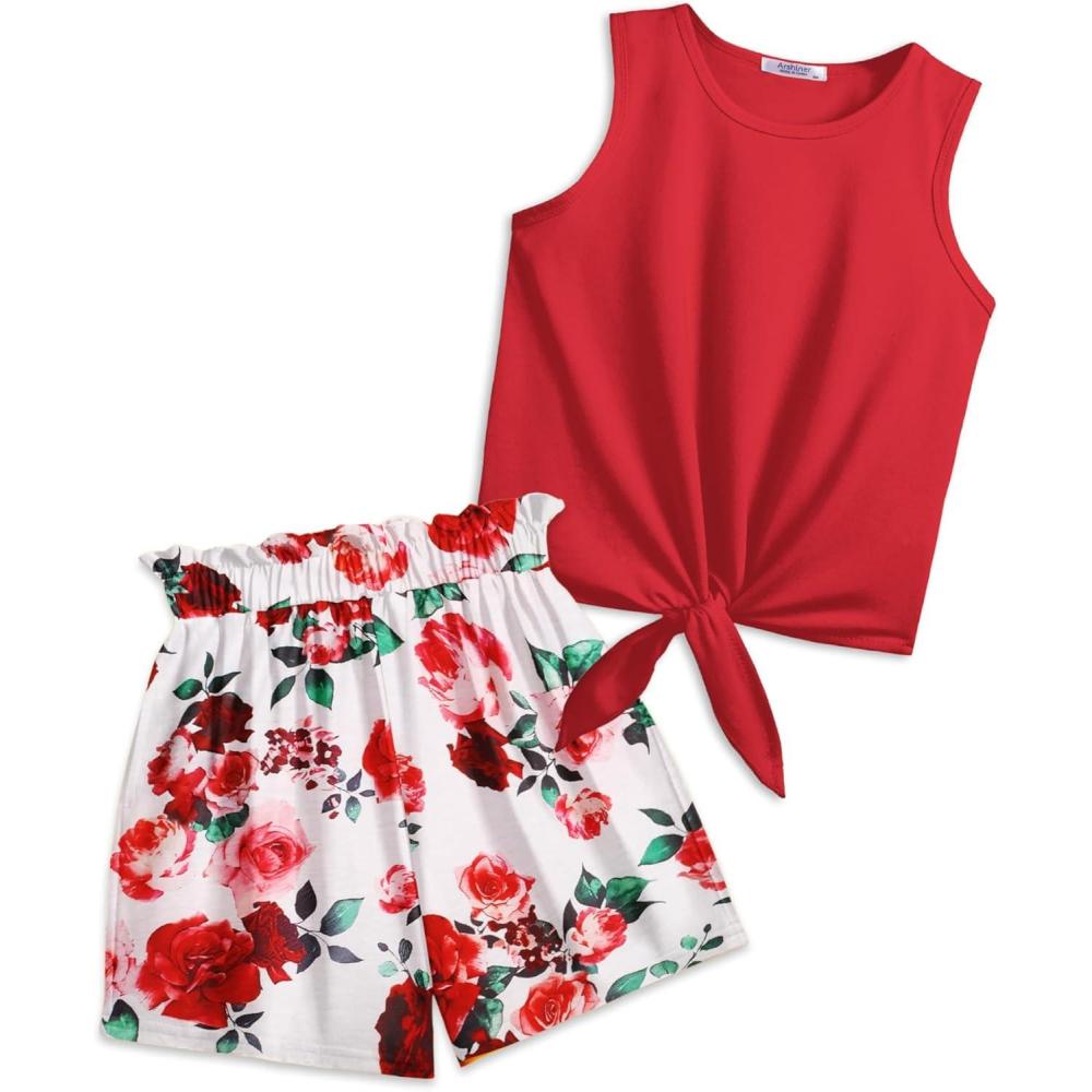 image:imageArshiner Girls 2 Piece Outfits Summer Tie Knot Tank Top and Paperbag Waist Pocketed Short SetsRed Pink Flower