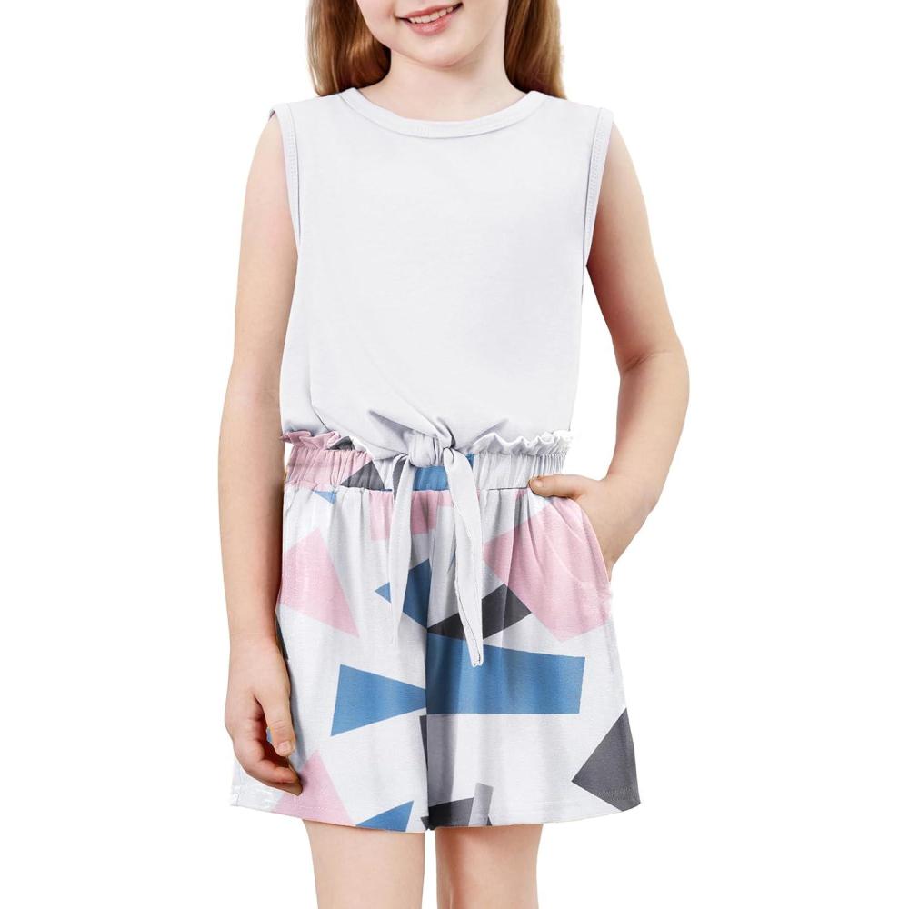 image:imageArshiner Girls 2 Piece Outfits Summer Tie Knot Tank Top and Paperbag Waist Pocketed Short SetsWhite Geometric