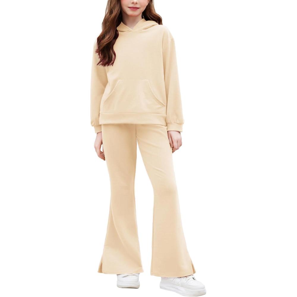 image:imageArshiner Girls 2 Piece Outfits Sweatsuits Sets Kangaroo Pocket Long Sleeve Hooded Sweatshirt with Flare Sweatpants SetsBeige