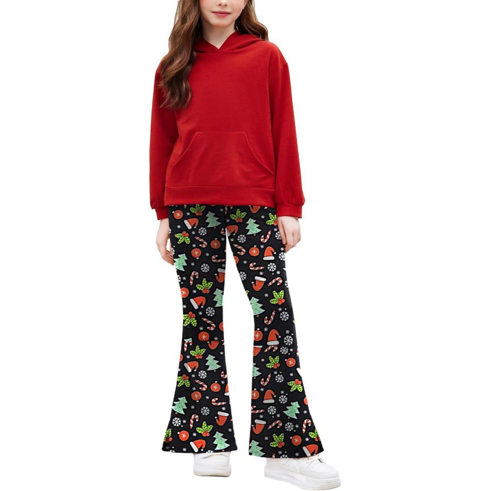 image:imageArshiner Girls 2 Piece Outfits Sweatsuits Sets Kangaroo Pocket Long Sleeve Hooded Sweatshirt with Flare Sweatpants SetsChristmas