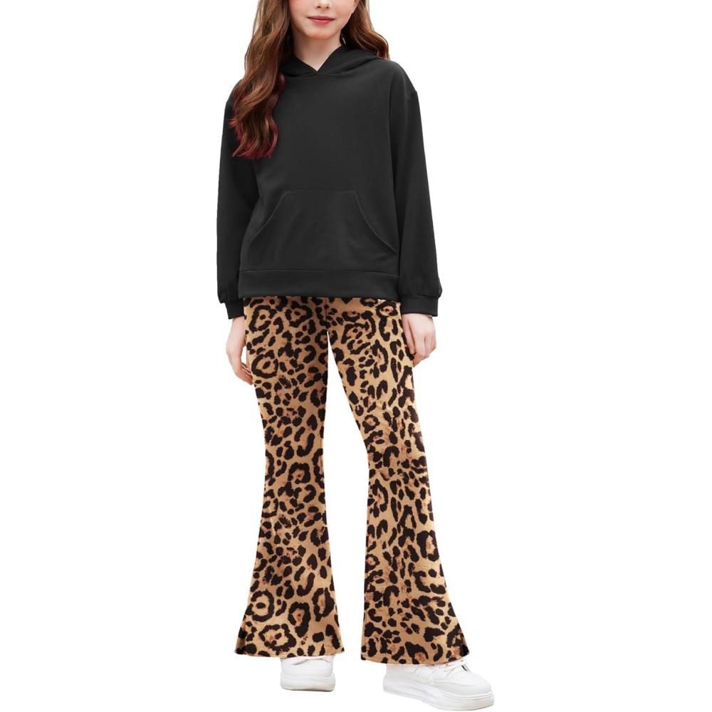 image:imageArshiner Girls 2 Piece Outfits Sweatsuits Sets Kangaroo Pocket Long Sleeve Hooded Sweatshirt with Flare Sweatpants SetsLeopard Print