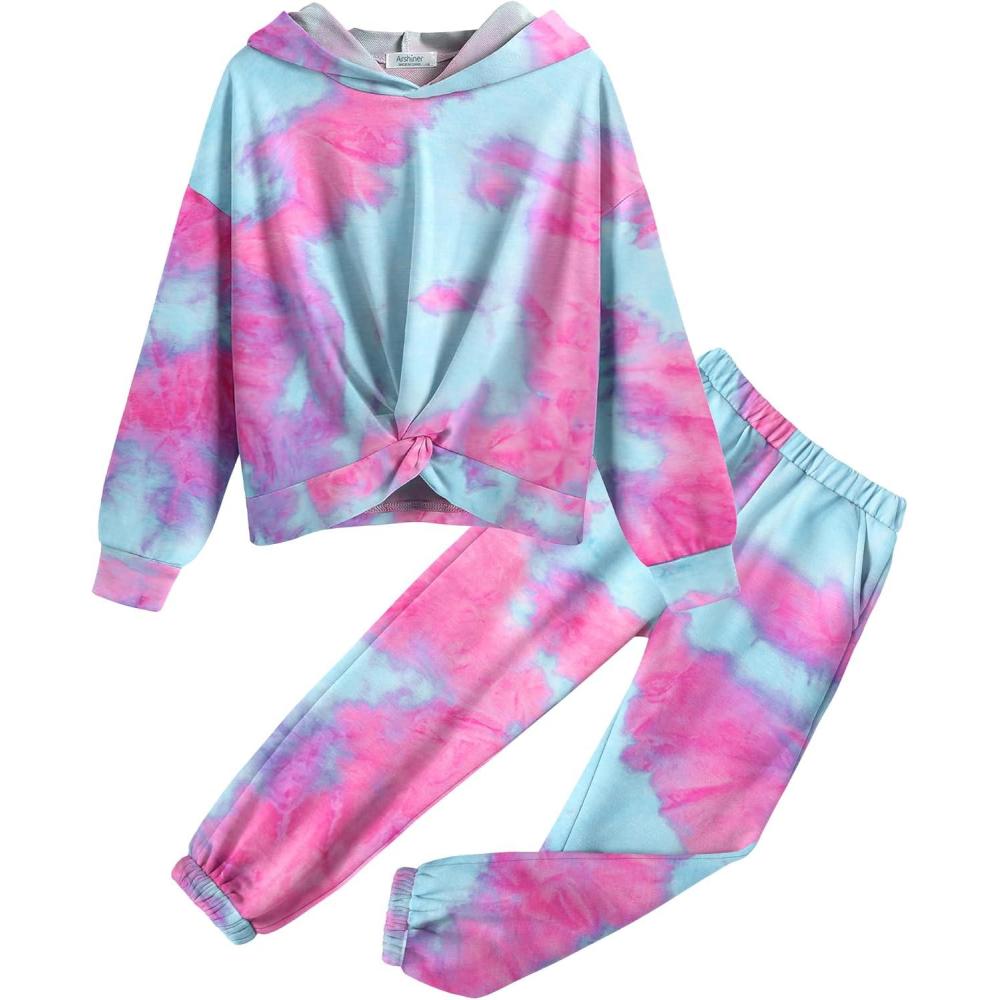 image:imageArshiner Girls 2 Piece Outfits Tiedye Twist Front Pullover Hooded Sweatsuits Sweatshirt and Sweatpants Clothing SetBlue Pink