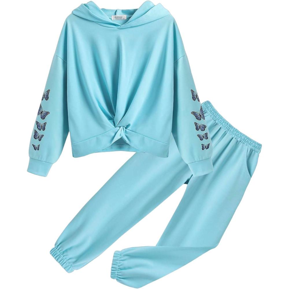 image:imageArshiner Girls 2 Piece Outfits Tiedye Twist Front Pullover Hooded Sweatsuits Sweatshirt and Sweatpants Clothing SetLake Green