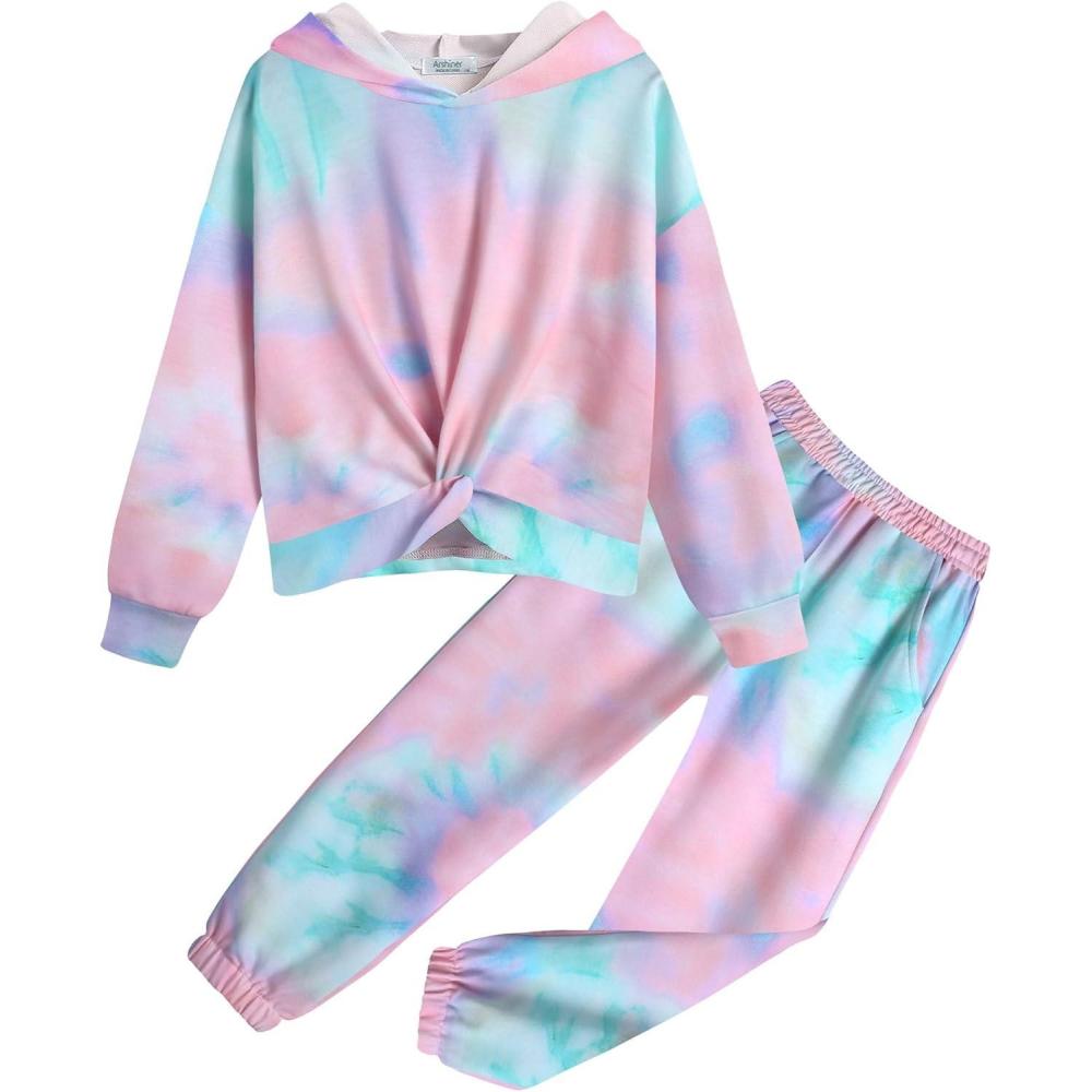 image:imageArshiner Girls 2 Piece Outfits Tiedye Twist Front Pullover Hooded Sweatsuits Sweatshirt and Sweatpants Clothing SetYellow  Pink  Green  Blue