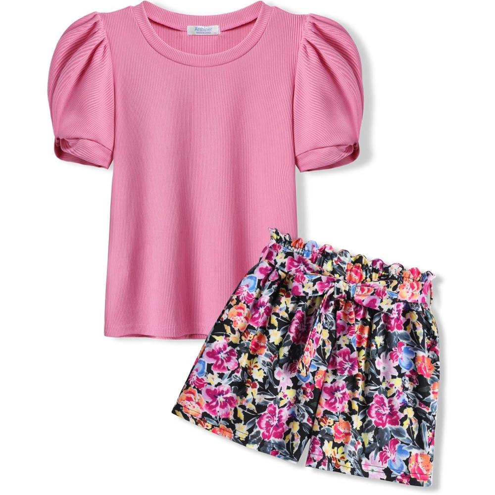 image:imageArshiner Girls 2 Piece Summer Outfits Knit Twist Puff Sleeve Top and High Waist Paper Bag Shorts Set with PocketsDeep Pink Flower