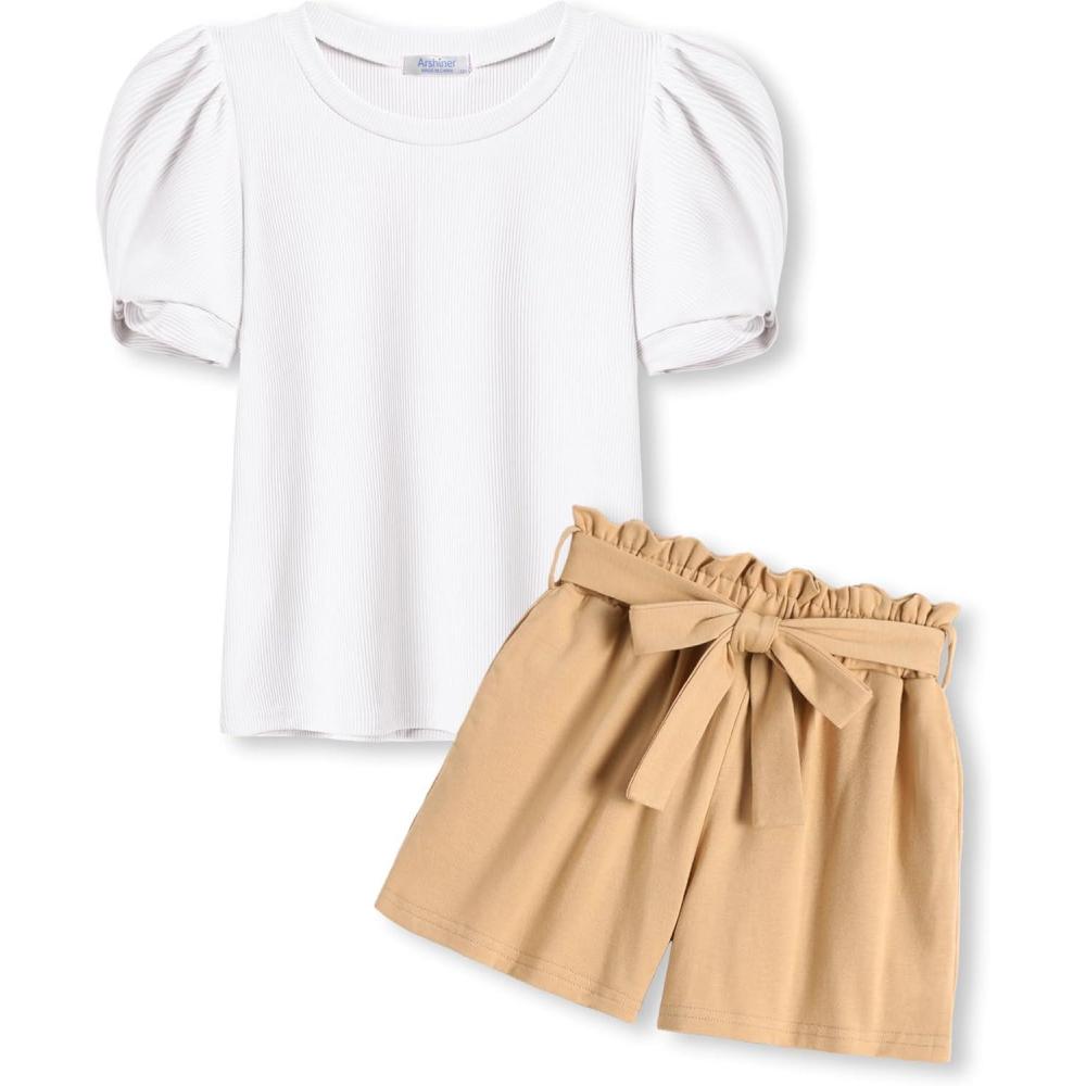 image:imageArshiner Girls 2 Piece Summer Outfits Knit Twist Puff Sleeve Top and High Waist Paper Bag Shorts Set with PocketsWhite Khaki