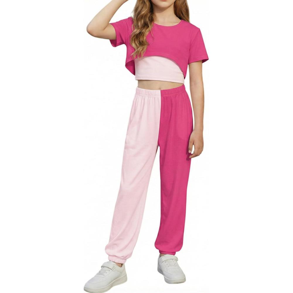 image:imageArshiner Girls 3 Piece Set Short Sleeve High Low Hem Overlay Top amp Cami with Sweatpants Kids Outfit 613 YearsDouble Pink