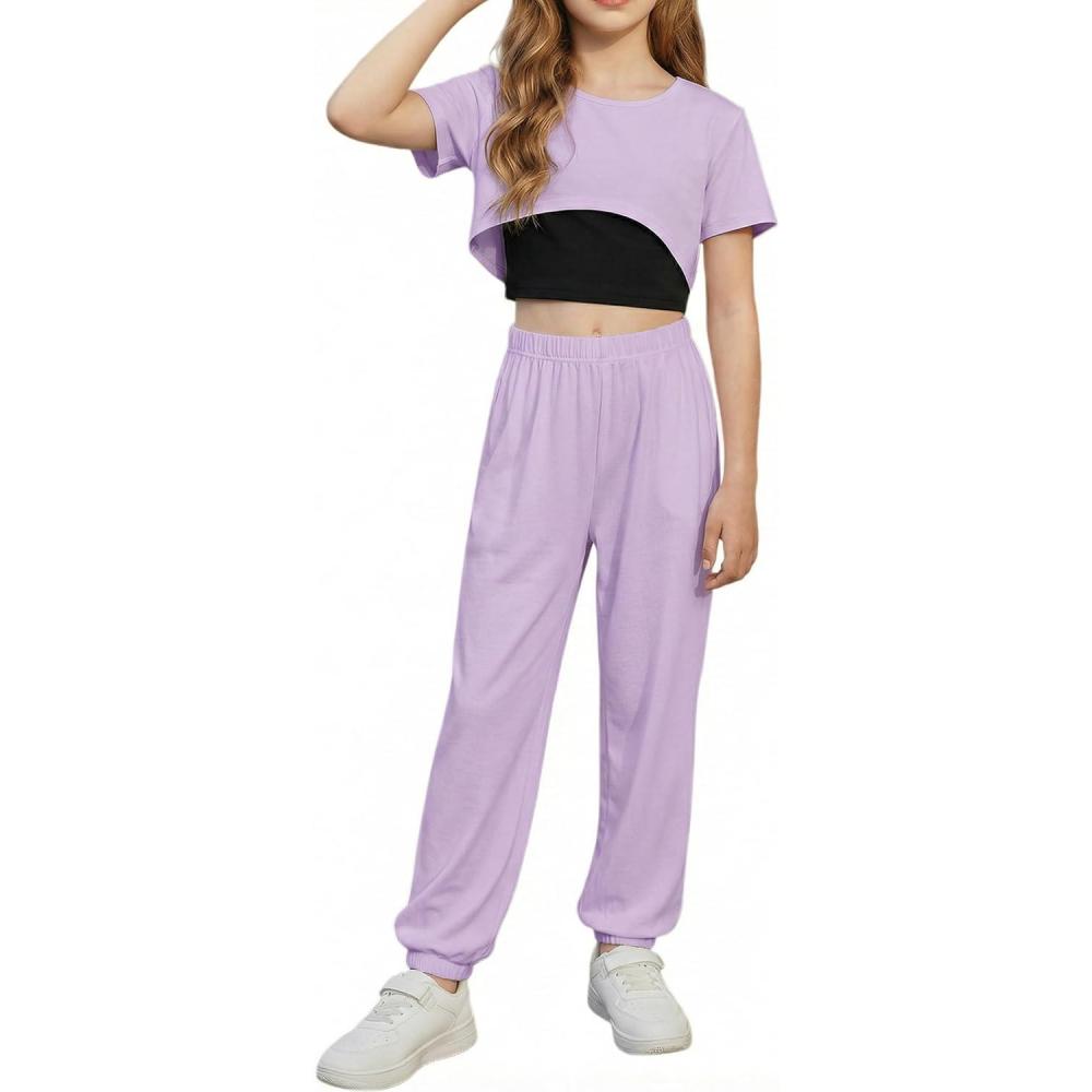 image:imageArshiner Girls 3 Piece Set Short Sleeve High Low Hem Overlay Top amp Cami with Sweatpants Kids Outfit 613 YearsPurple