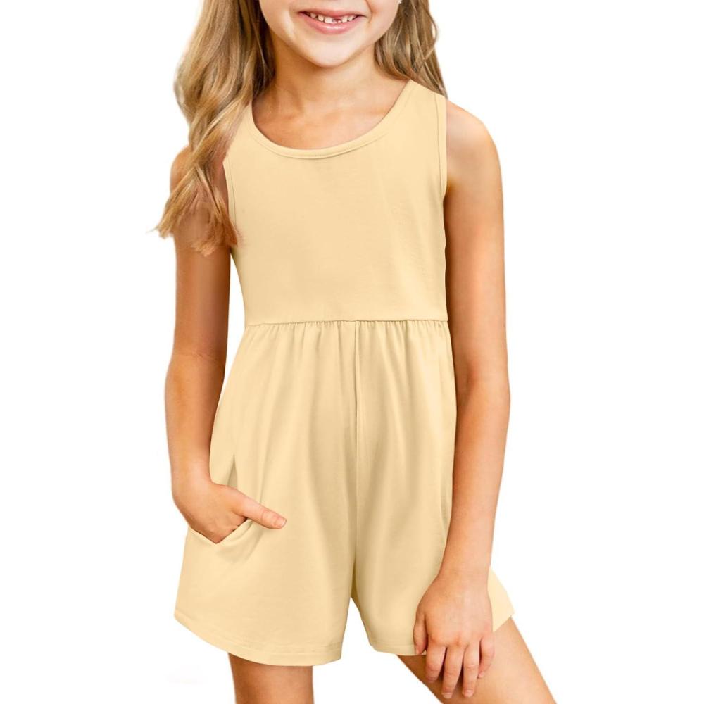 image:imageArshiner Girls Casual Summer Sleeveless Jumpsuits Loose One Piece Romper Short Overalls Outfits with PocketsLight Khaki
