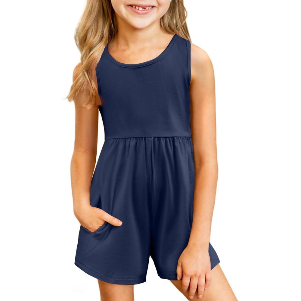 image:imageArshiner Girls Casual Summer Sleeveless Jumpsuits Loose One Piece Romper Short Overalls Outfits with PocketsNavy Blue