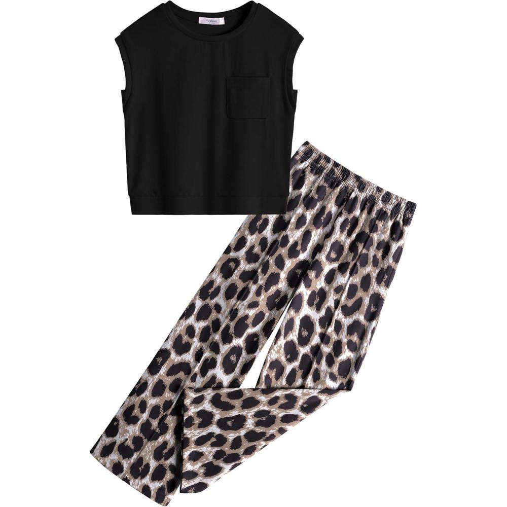 image:imageArshiner Girls Clothes 2 Piece Outfits Drop Shoulder Sleeve Top and Wide Leg Pants Set Trendy Clothing Size 614Blackleopard