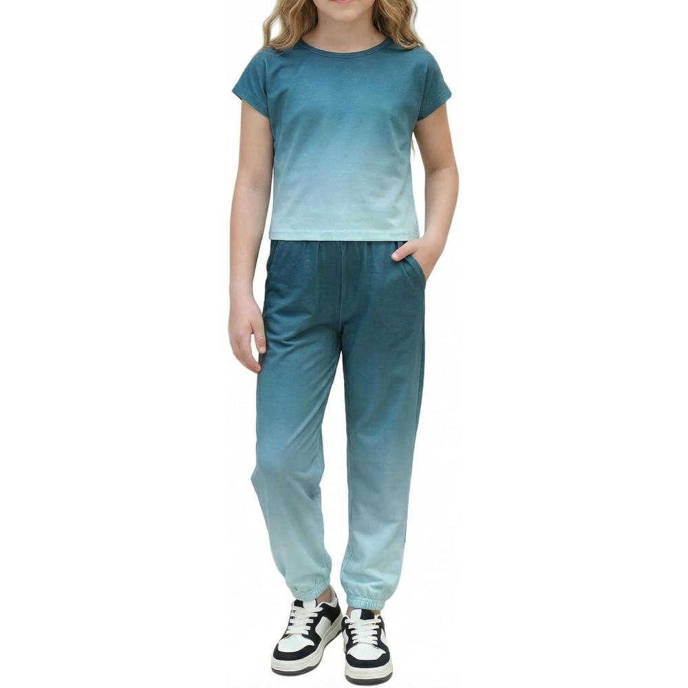 image:imageArshiner Girls Clothes 2 Piece Summer Outfits Drop Shoulder Top Pullover Sweatpants Jogger Set Sweatsuits Tracksuits 614YGreen