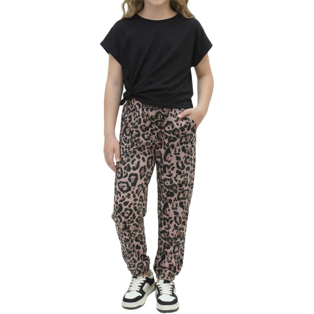 image:imageArshiner Girls Clothes 2 Piece Summer Outfits Drop Shoulder Top Pullover Sweatpants Jogger Set Sweatsuits Tracksuits 614YLeopard
