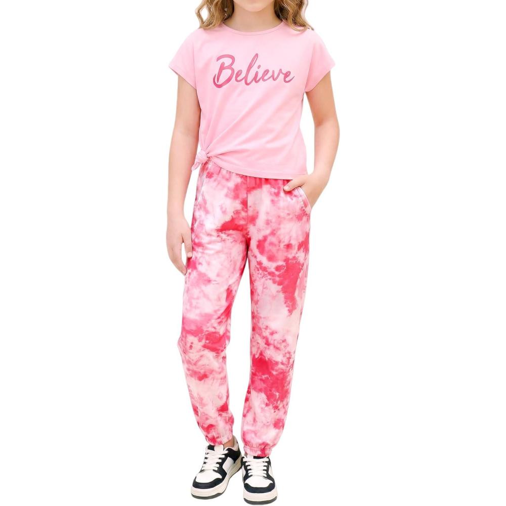 image:imageArshiner Girls Clothes 2 Piece Summer Outfits Drop Shoulder Top Pullover Sweatpants Jogger Set Sweatsuits Tracksuits 614YPink Tie Dye