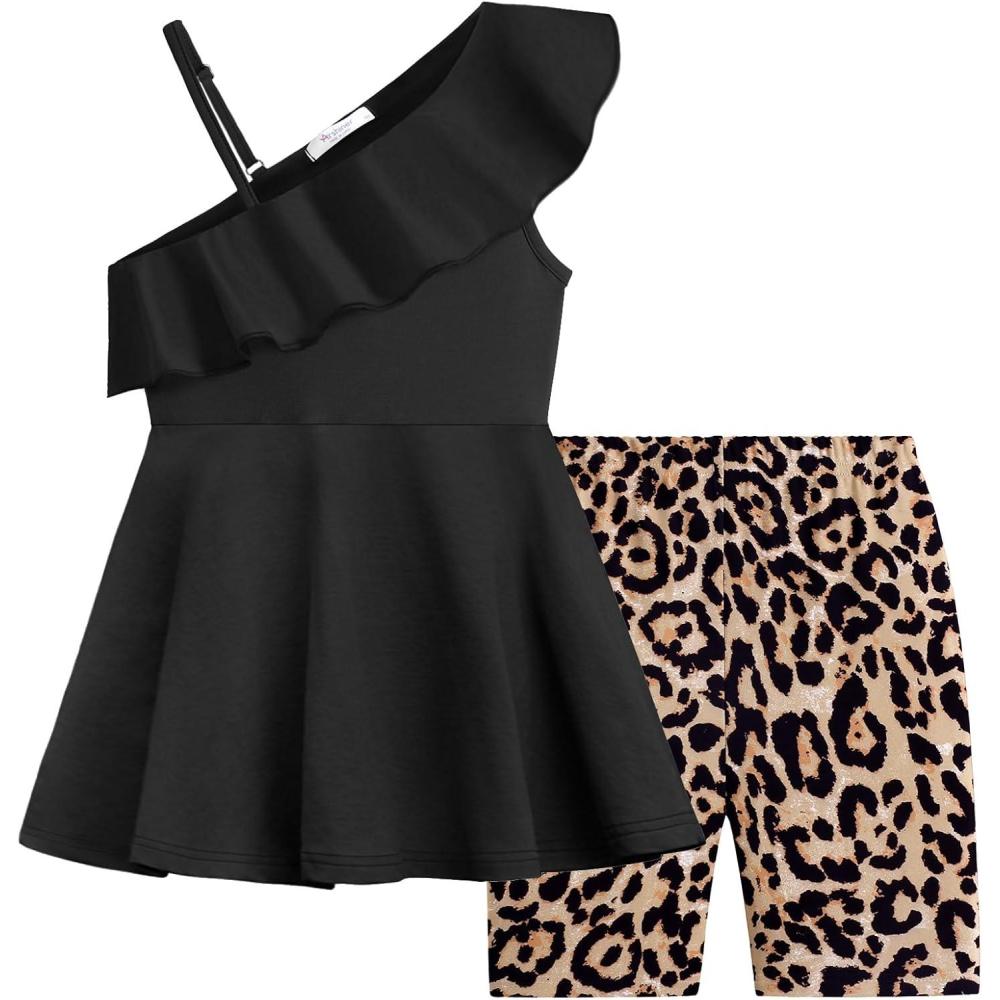 image:imageArshiner Girls Clothes Summer 2 Piece Outfits Adjustable One Shoulder Ruffle Trim Top and Biker Short Sets 614 YearsBlackleopard