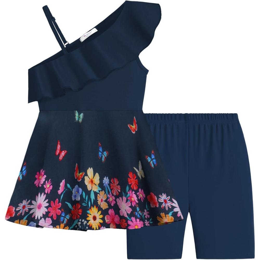 image:imageArshiner Girls Clothes Summer 2 Piece Outfits Adjustable One Shoulder Ruffle Trim Top and Biker Short Sets 614 YearsNavyflowers