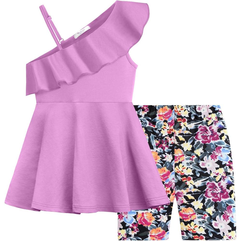 image:imageArshiner Girls Clothes Summer 2 Piece Outfits Adjustable One Shoulder Ruffle Trim Top and Biker Short Sets 614 YearsPurpleflowers