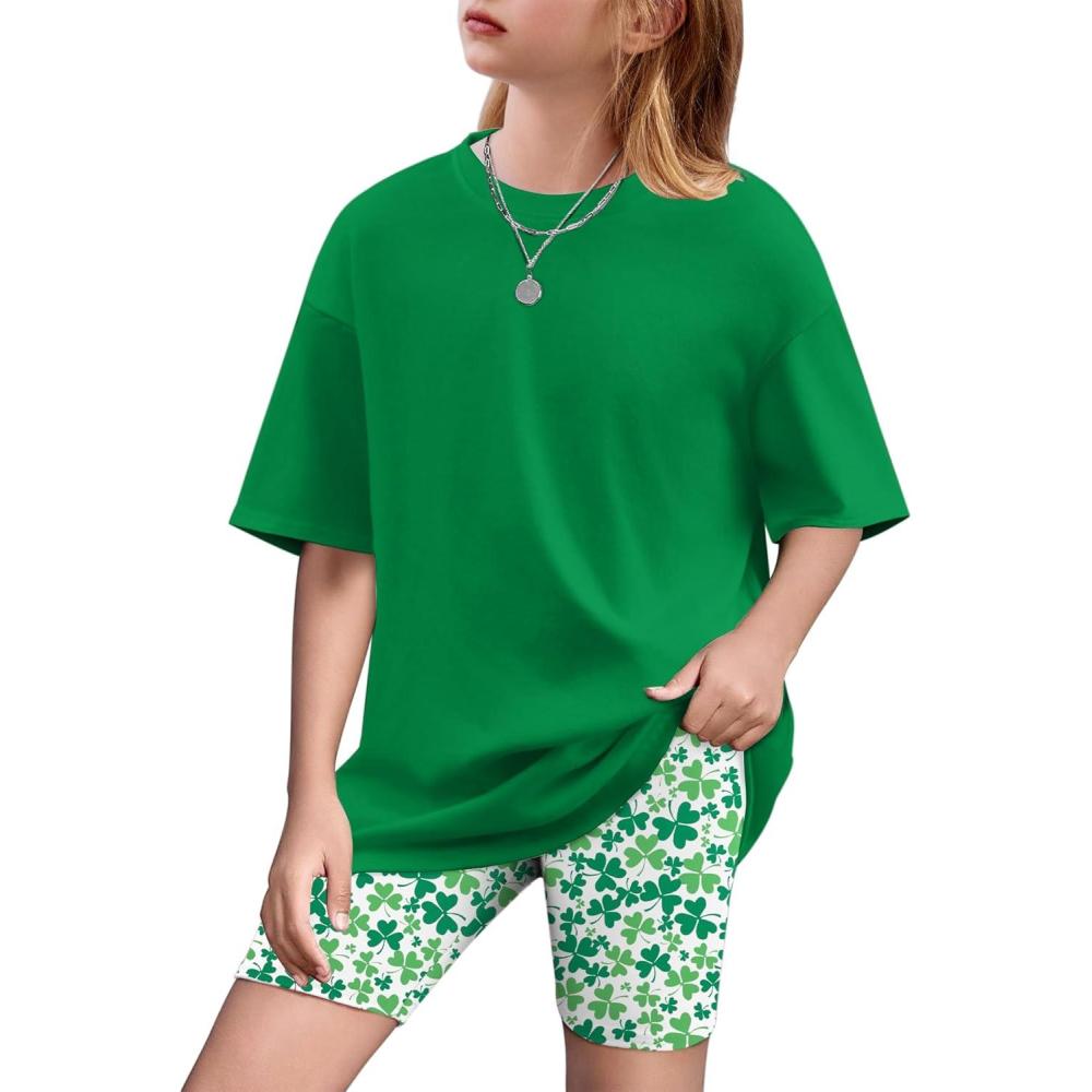 image:imageArshiner Girls Clothes Summer 2 Piece Outfits Drop Shoulder TShirts and Biker Shorts Kids Fashion Clothing SetsGreen