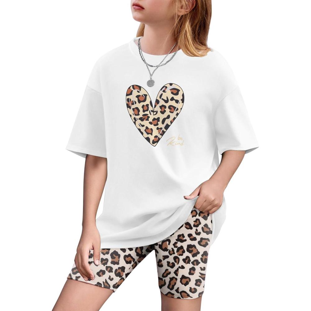 image:imageArshiner Girls Clothes Summer 2 Piece Outfits Drop Shoulder TShirts and Biker Shorts Kids Fashion Clothing SetsLeopard