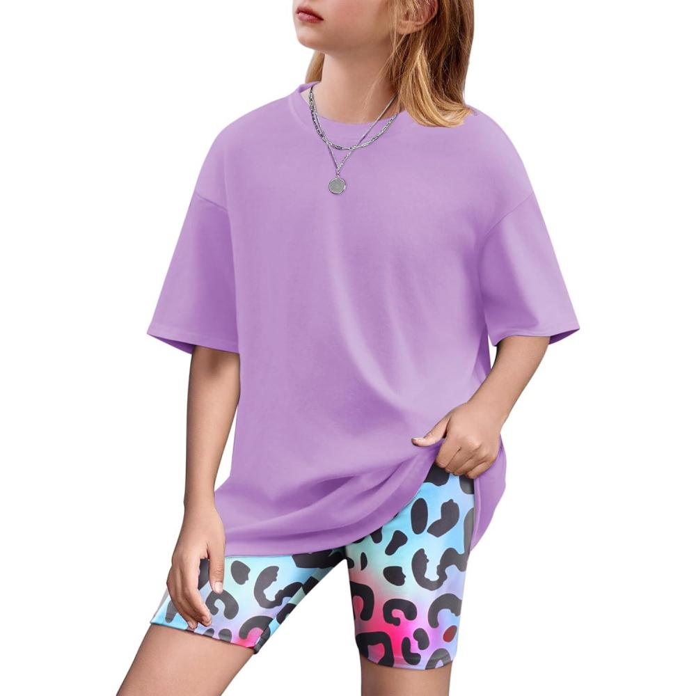 image:imageArshiner Girls Clothes Summer 2 Piece Outfits Drop Shoulder TShirts and Biker Shorts Kids Fashion Clothing SetsPurple
