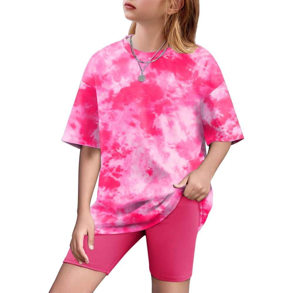 image:imageArshiner Girls Clothes Summer 2 Piece Outfits Drop Shoulder TShirts and Biker Shorts Kids Fashion Clothing SetsTie Dyepink